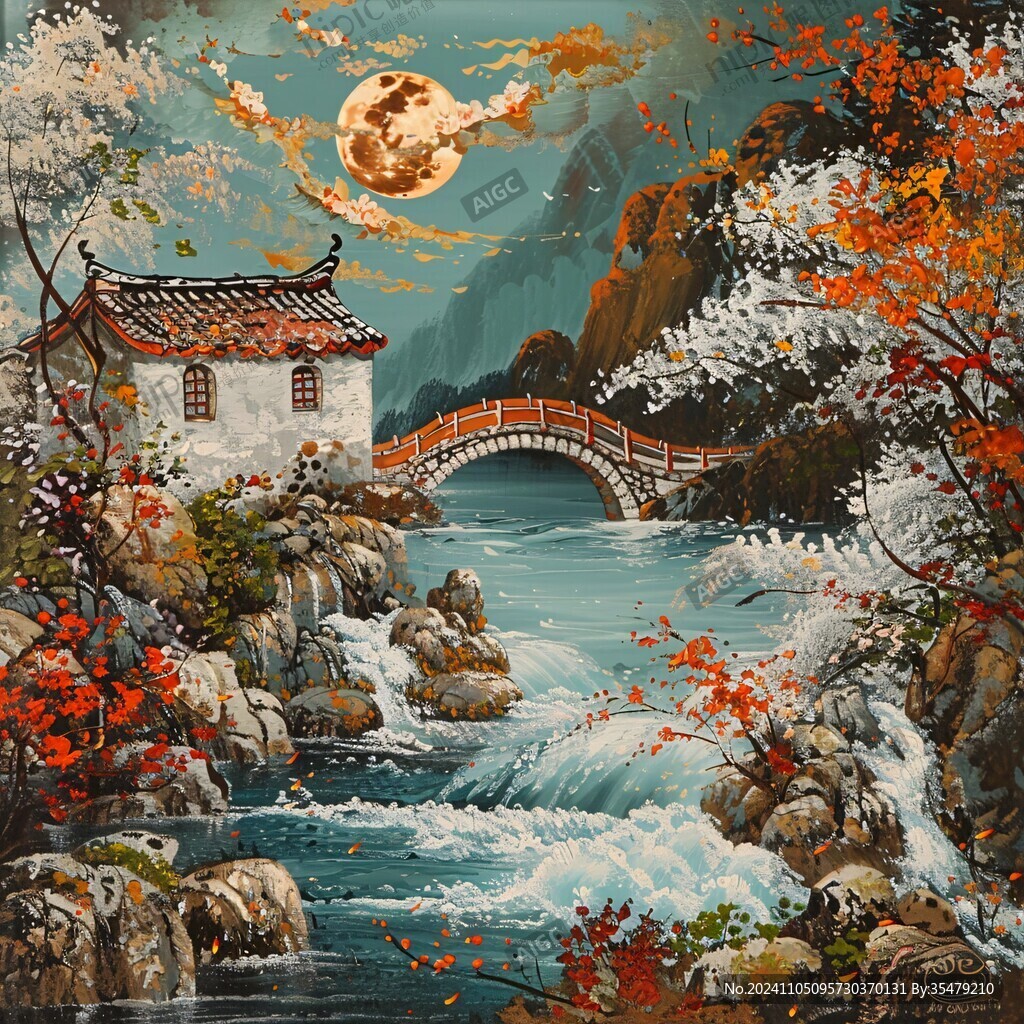 新中式山水描金樓閣畫