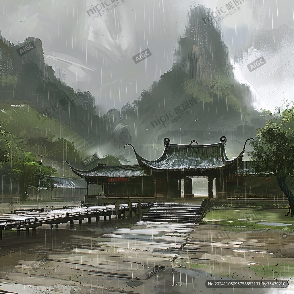 中式古代建筑雨景