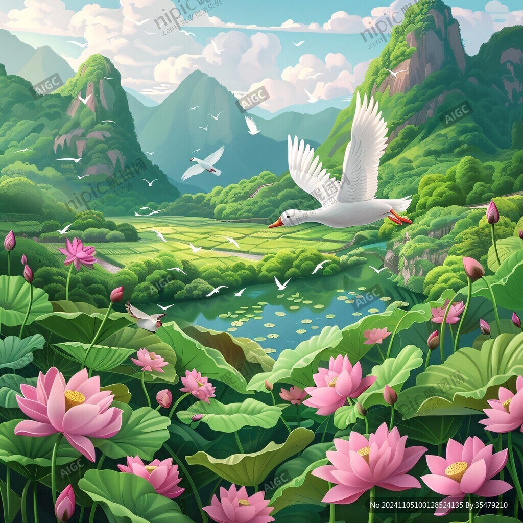 荷花飛鳥山水
