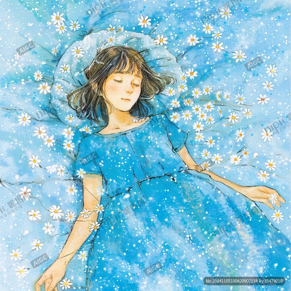 手繪雪地上睡著的女孩