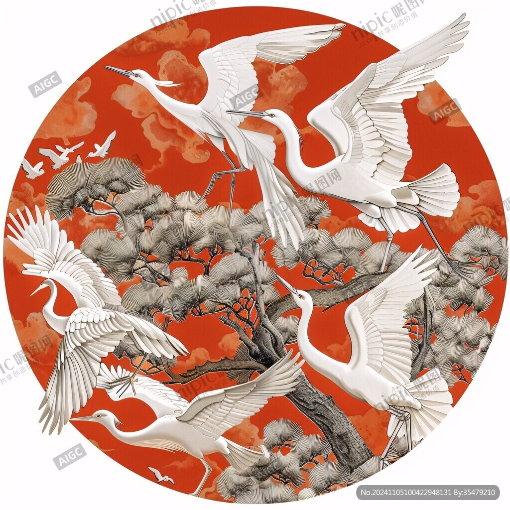 圓形松鶴延年插畫