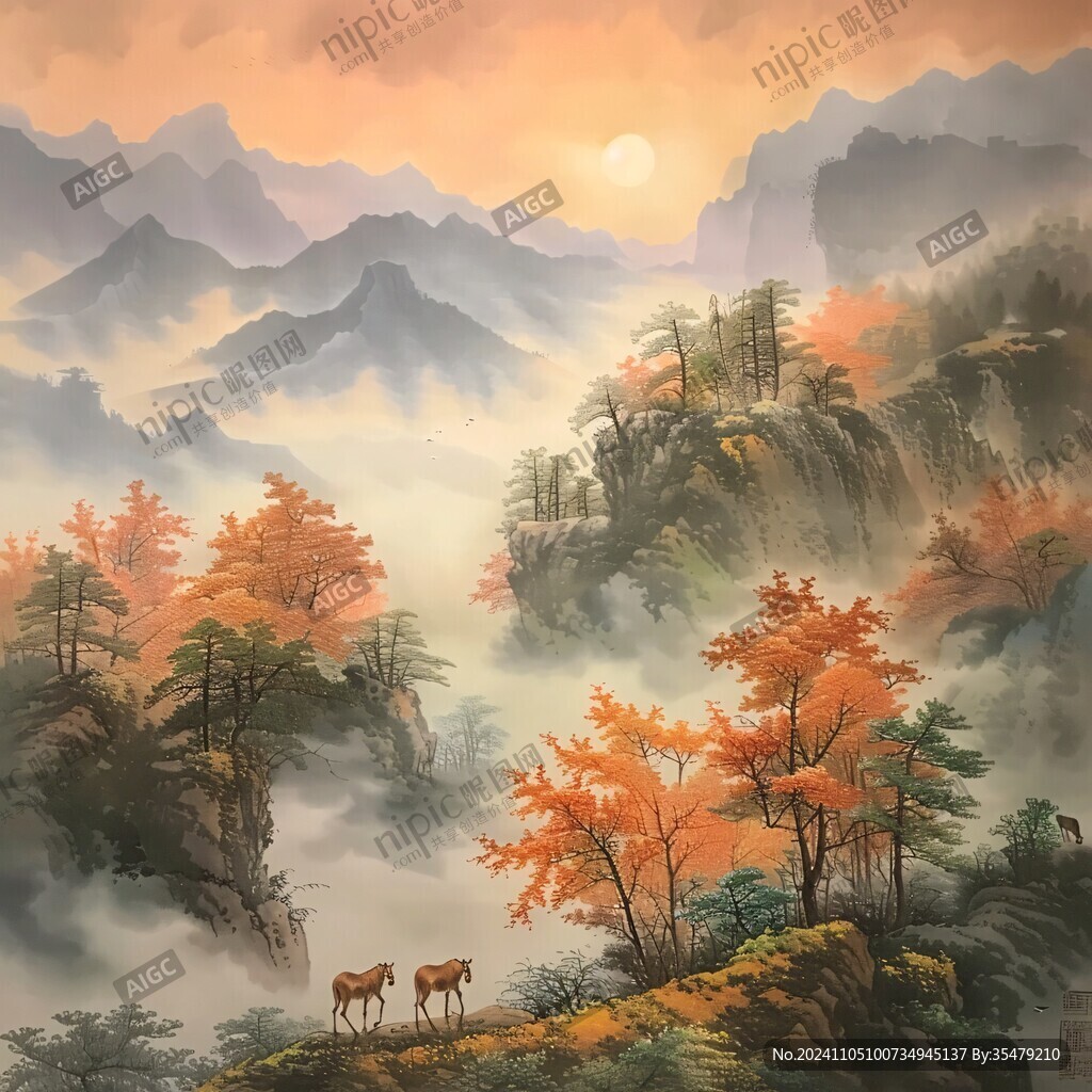 山峰山水畫油畫梅花鹿