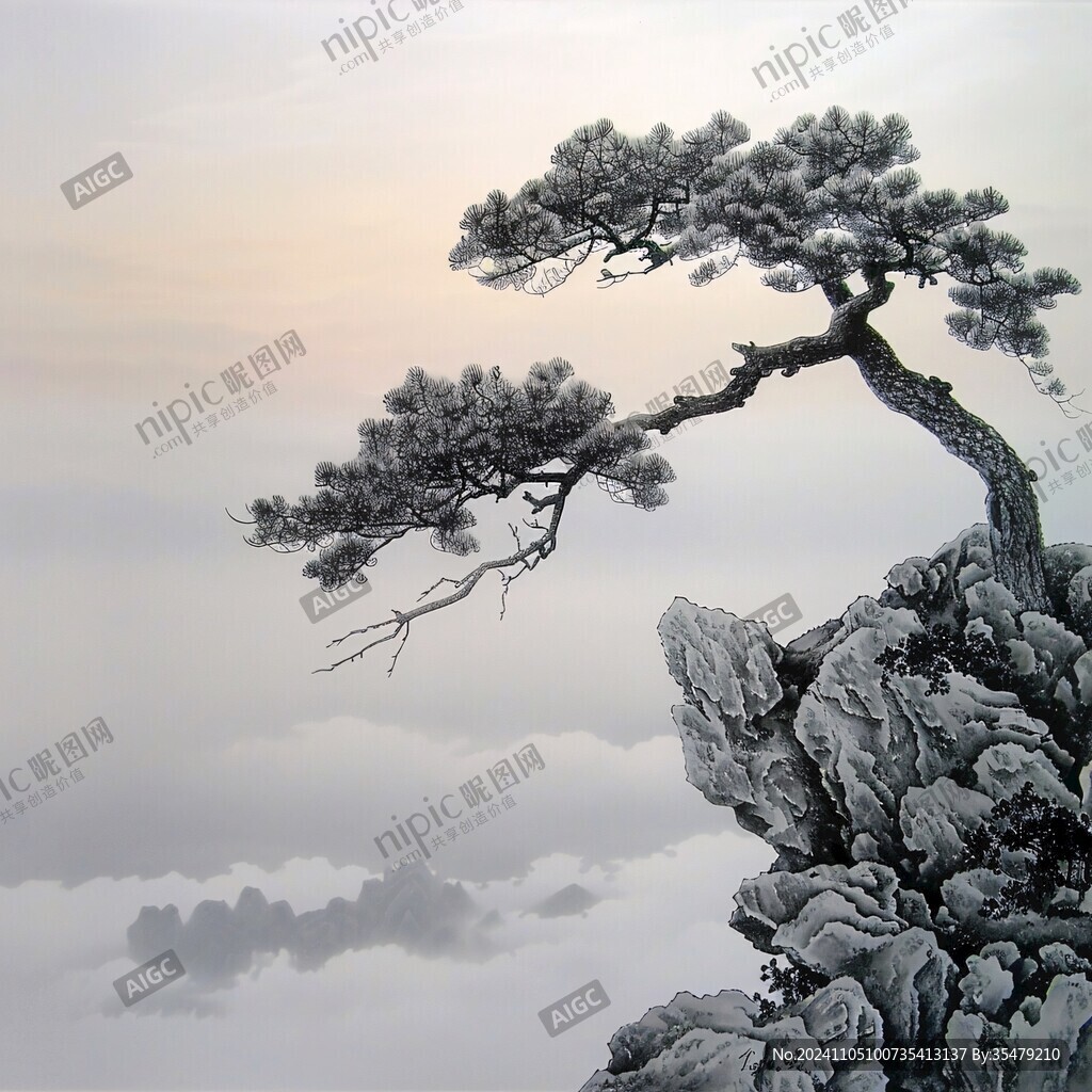 迎客松水墨山