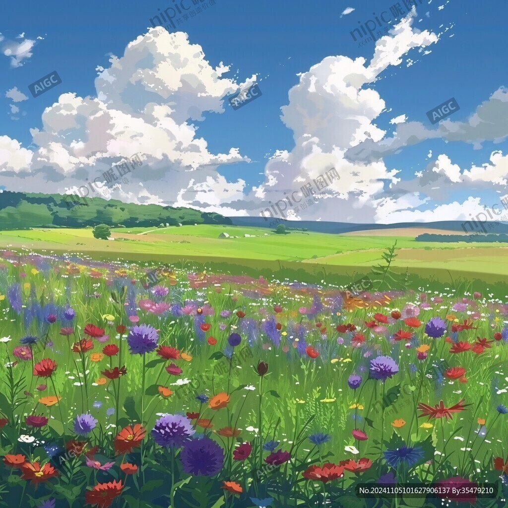 藍天白云鮮花草地