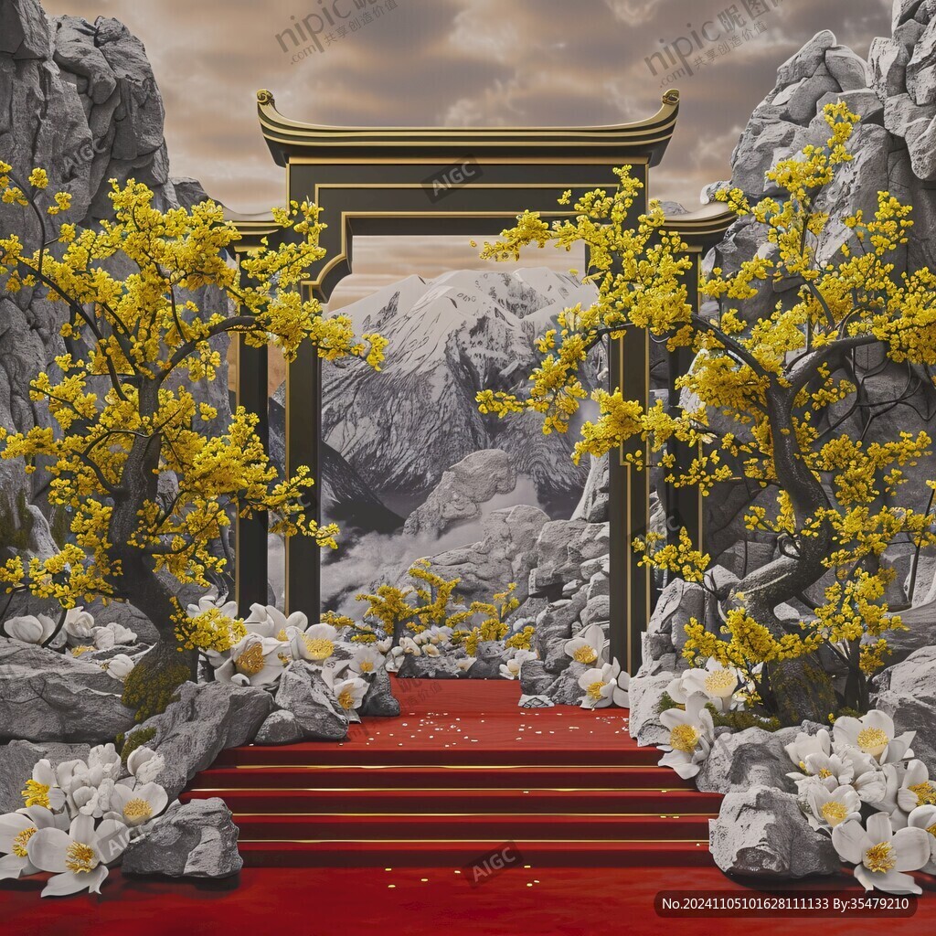 金色山水玄關