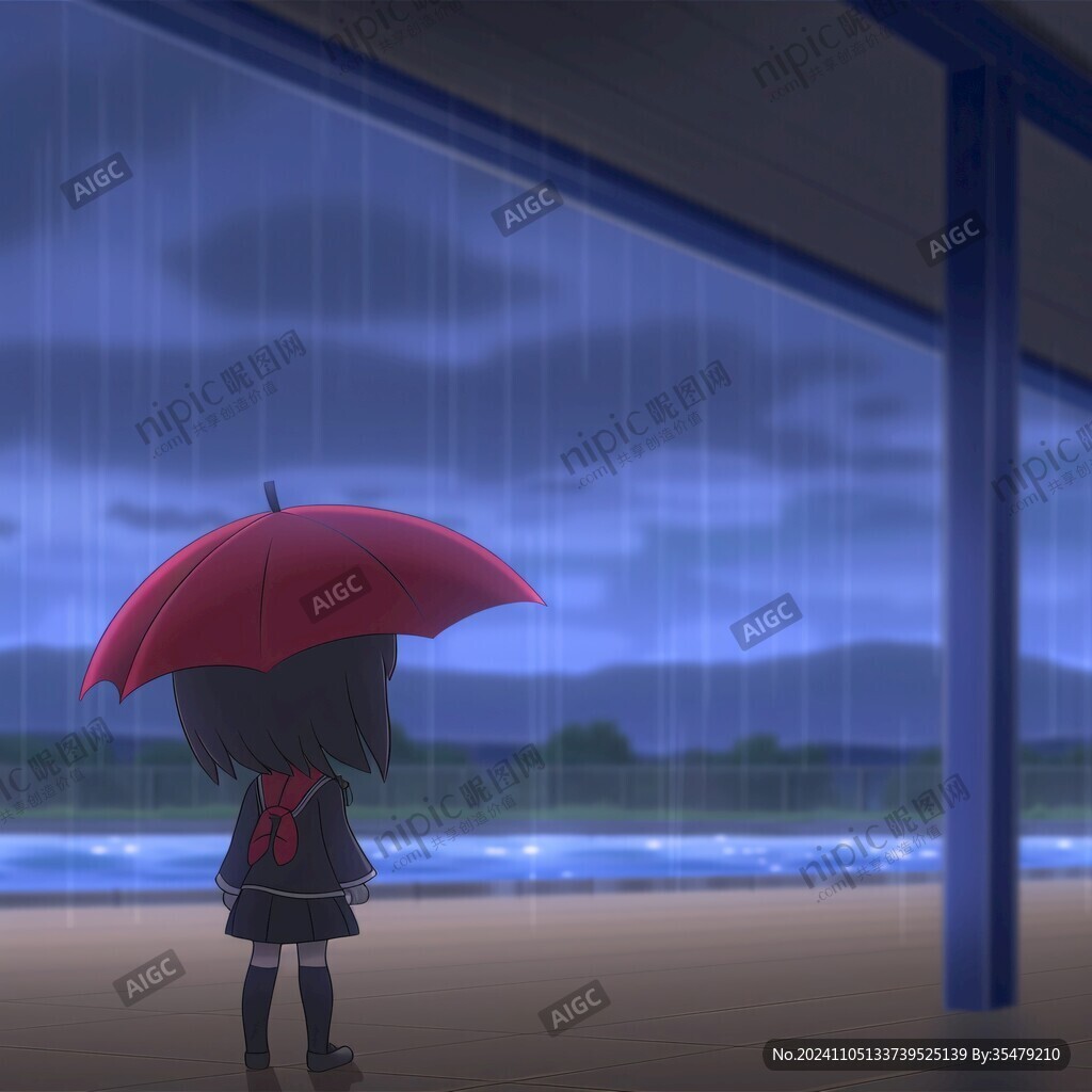 雨中撐傘的少女