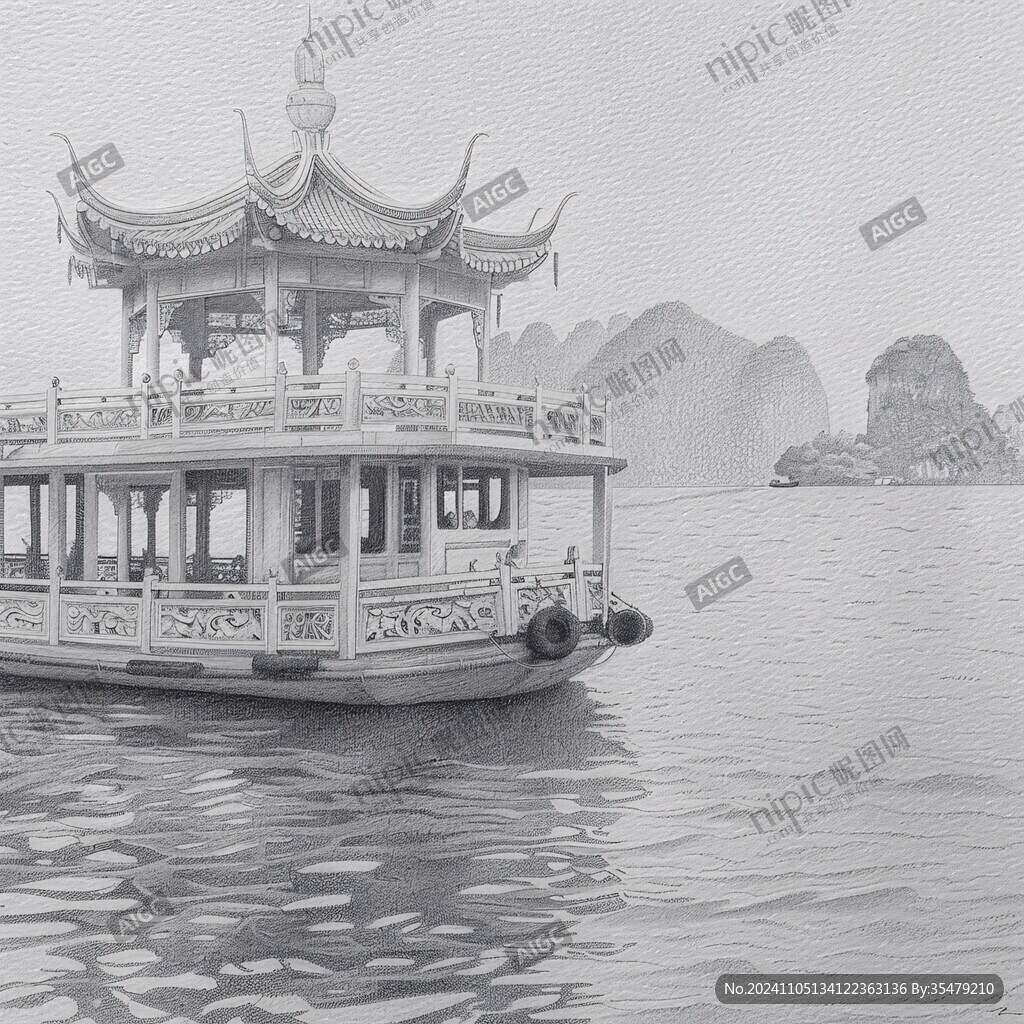 山水樓閣波光小船