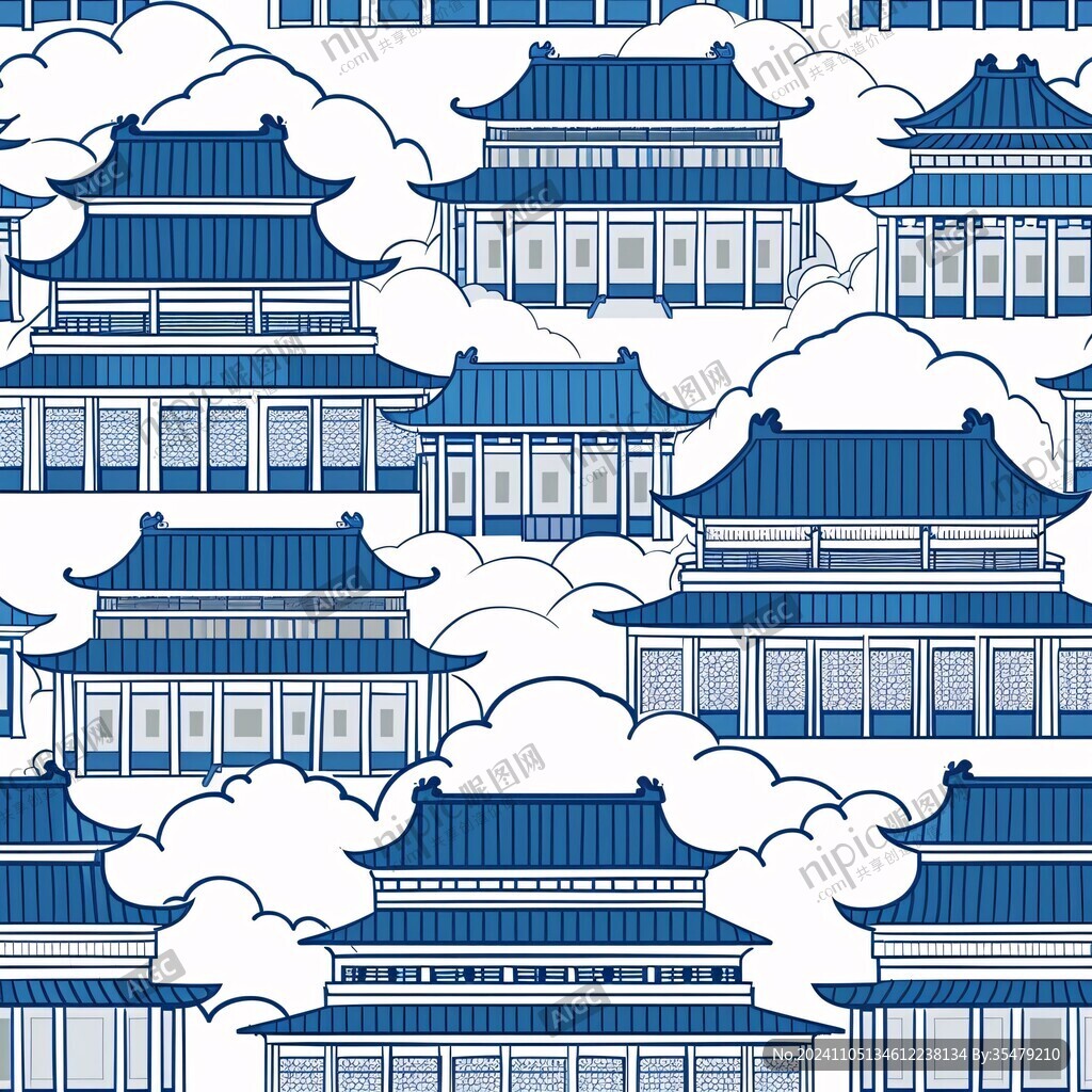 故宮閣樓柵格插畫