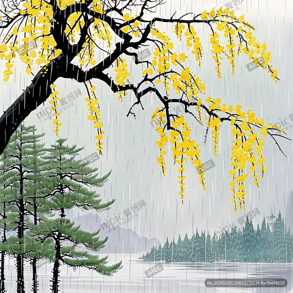 手繪銀杏山水畫
