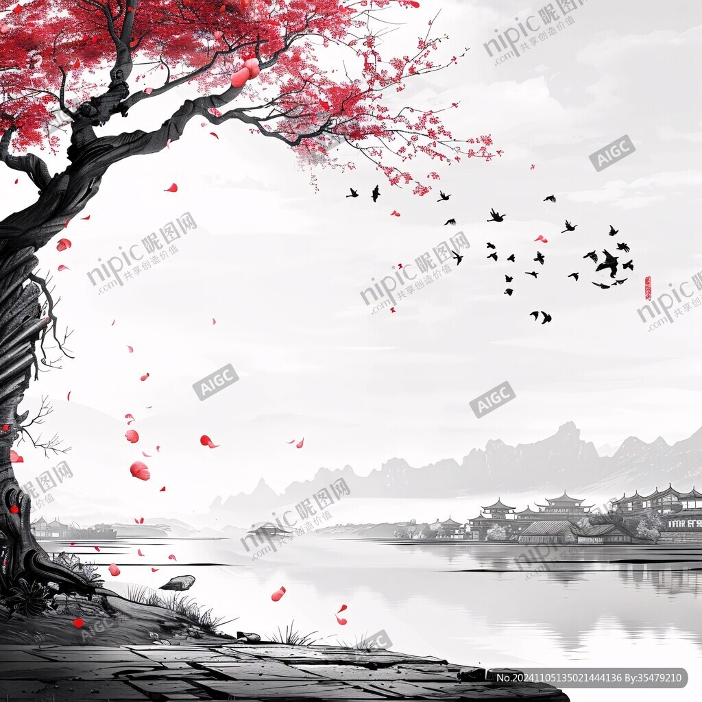水墨桃花禪意山水