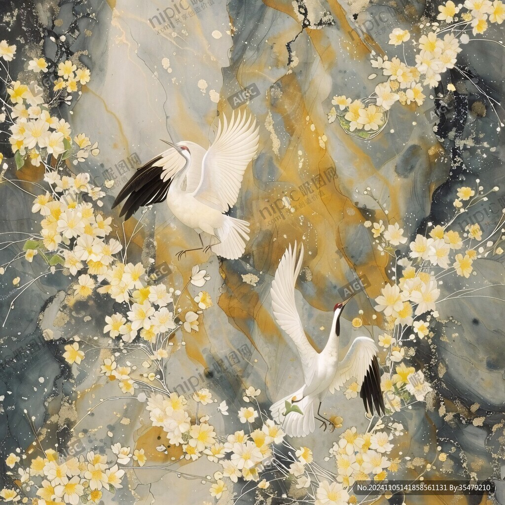 新中式山水銀杏葉花鳥