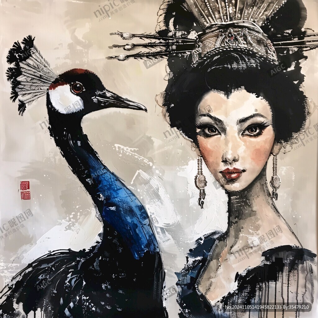 美人水墨水彩畫
