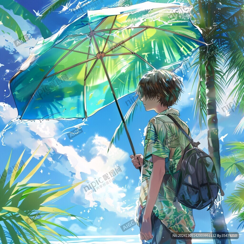 男孩撐傘插畫
