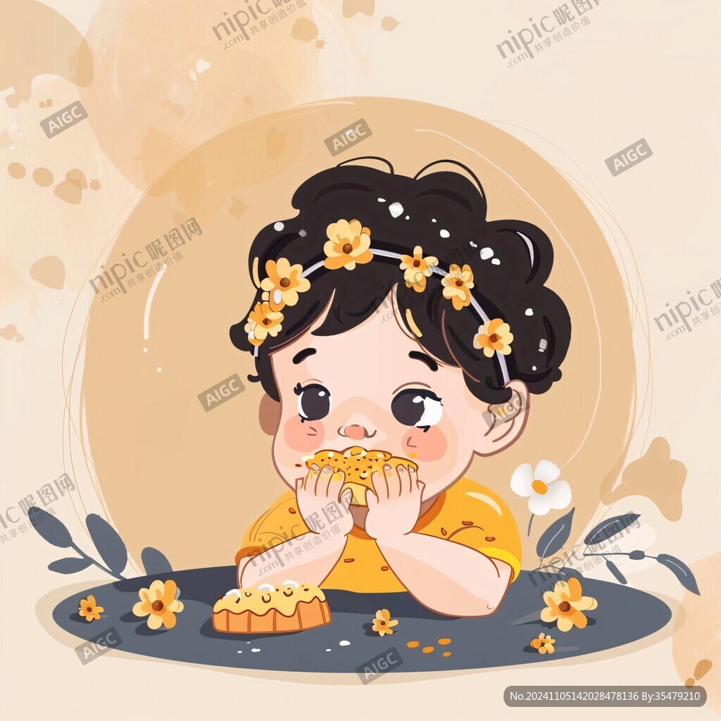 吃月餅的小女孩插畫
