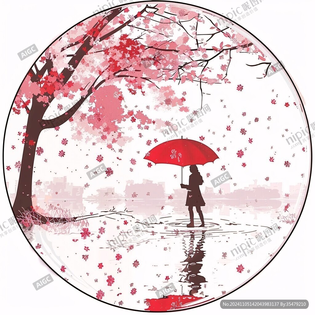 櫻花樹下的紅雨傘