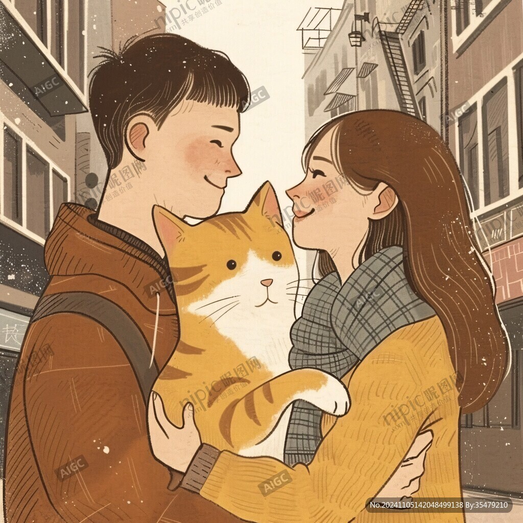 手繪情侶貓咪插畫