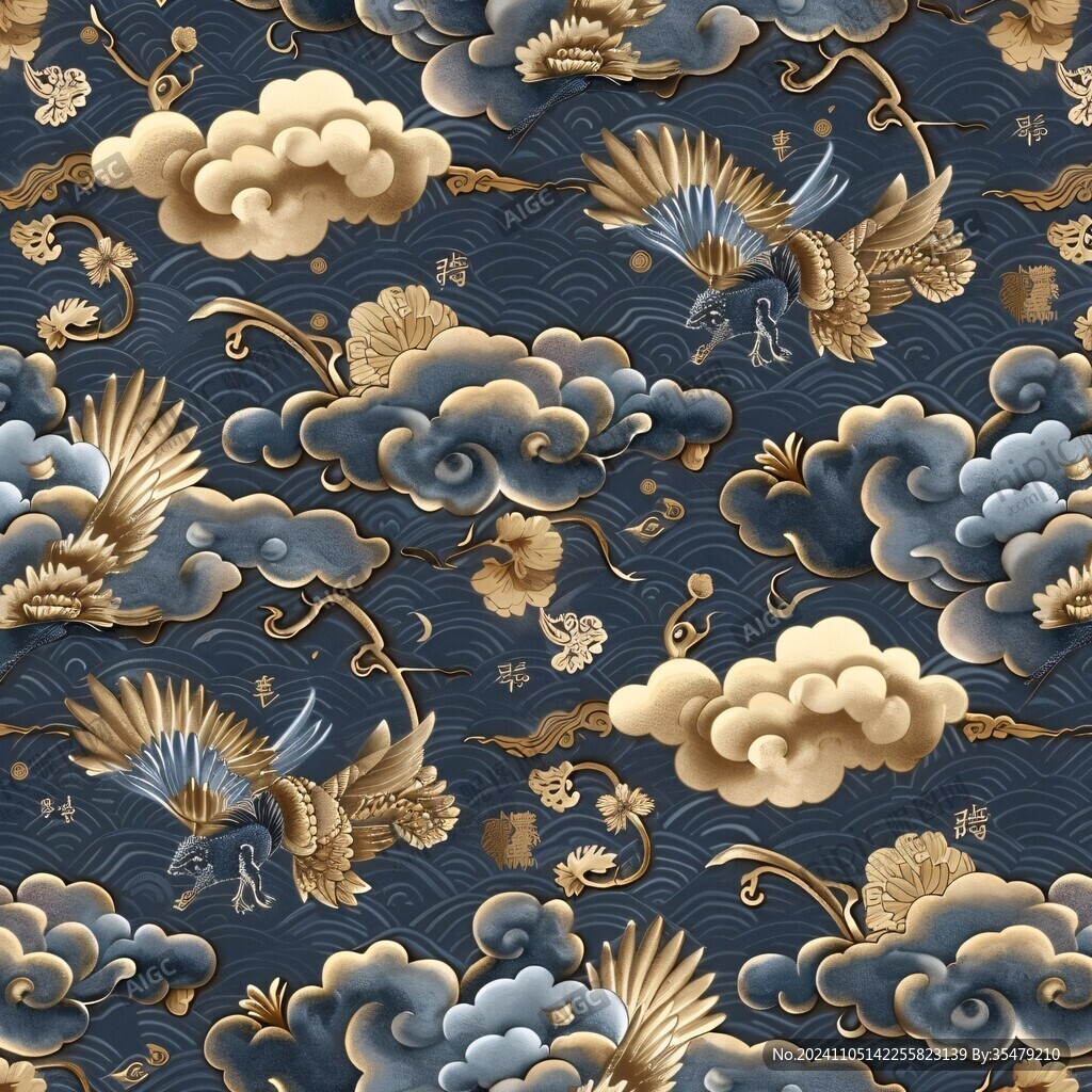 海浪仙鶴云紋中式背景