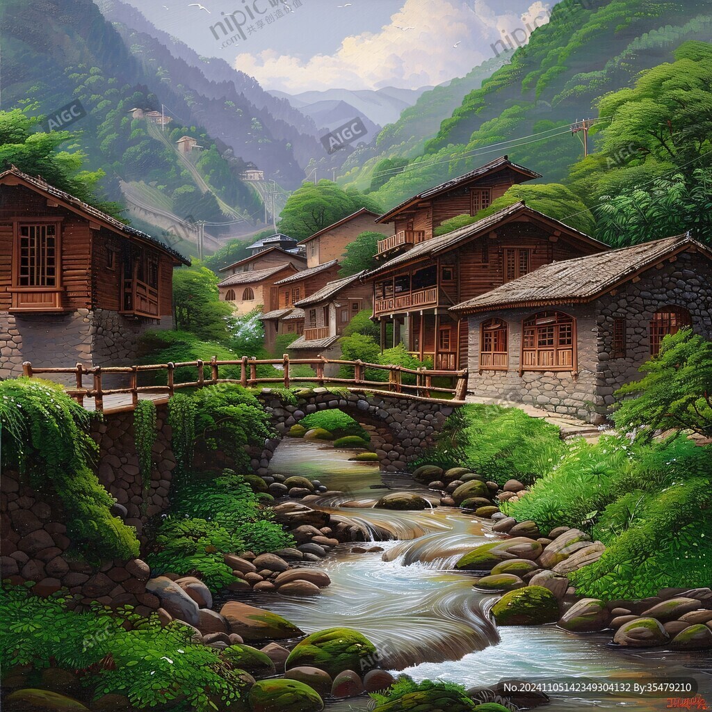 山村民居插畫