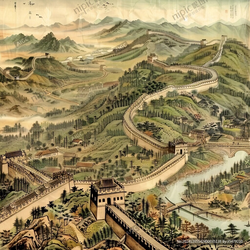 長城旅游工筆畫