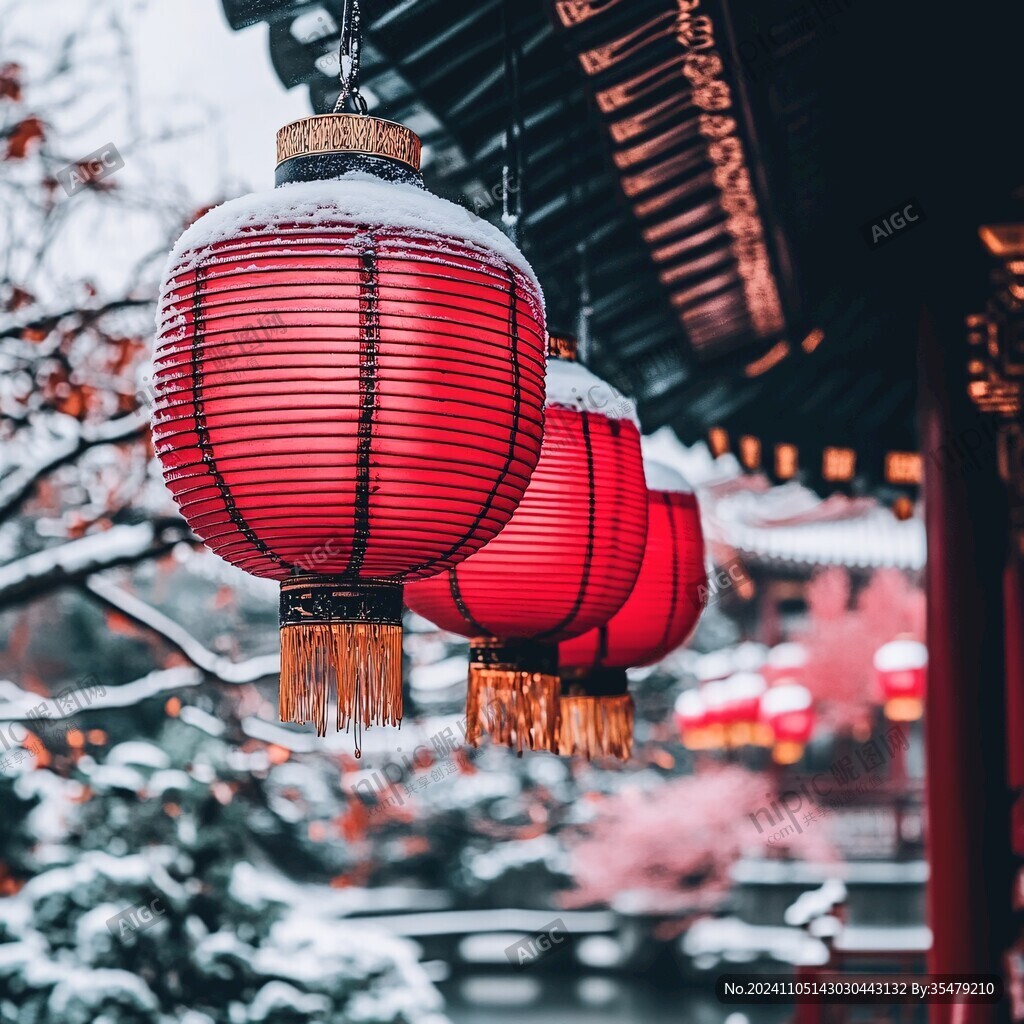 下雪的大紅燈籠