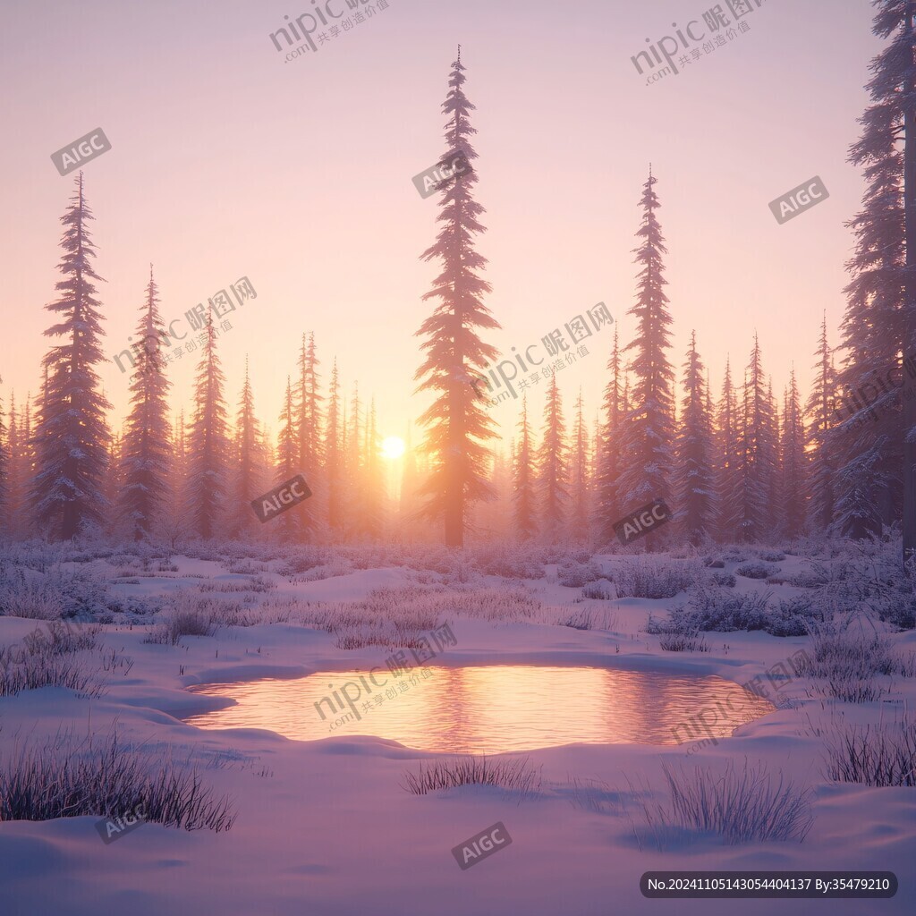 冬天森林夕陽雪景