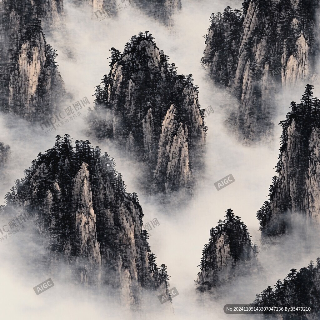 山峰云霧國畫