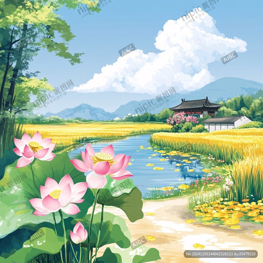 荷花池插畫
