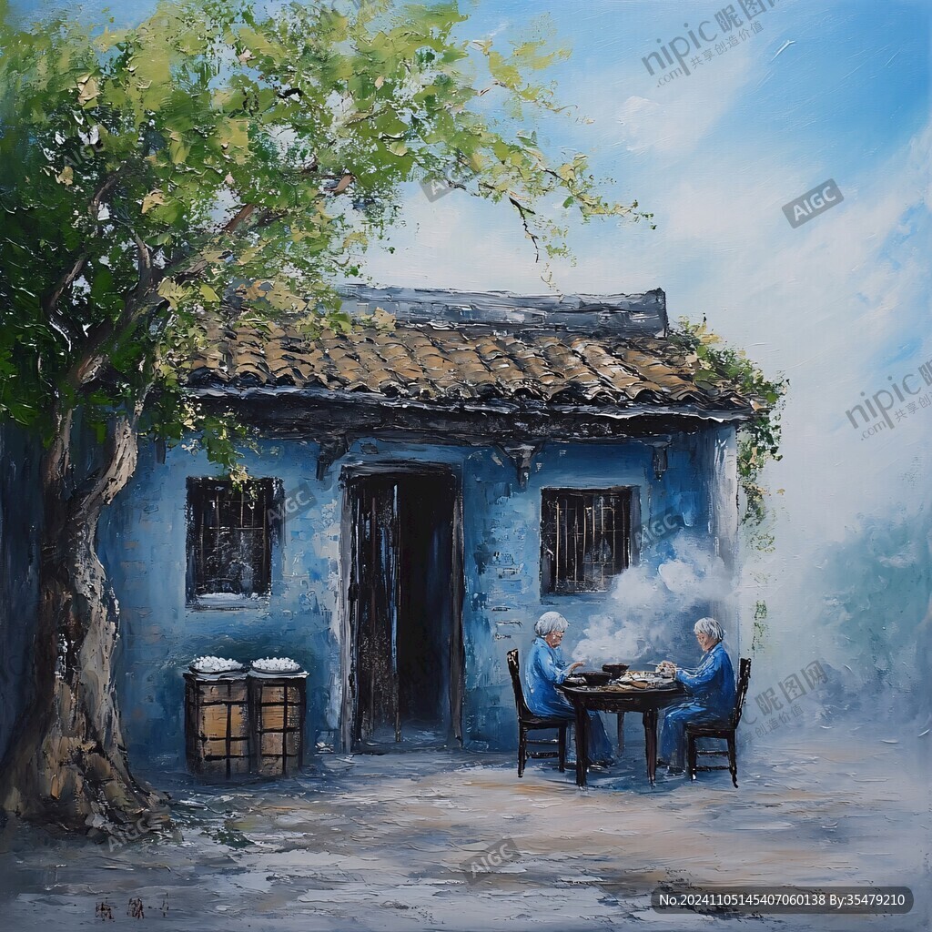 茶館場景油畫