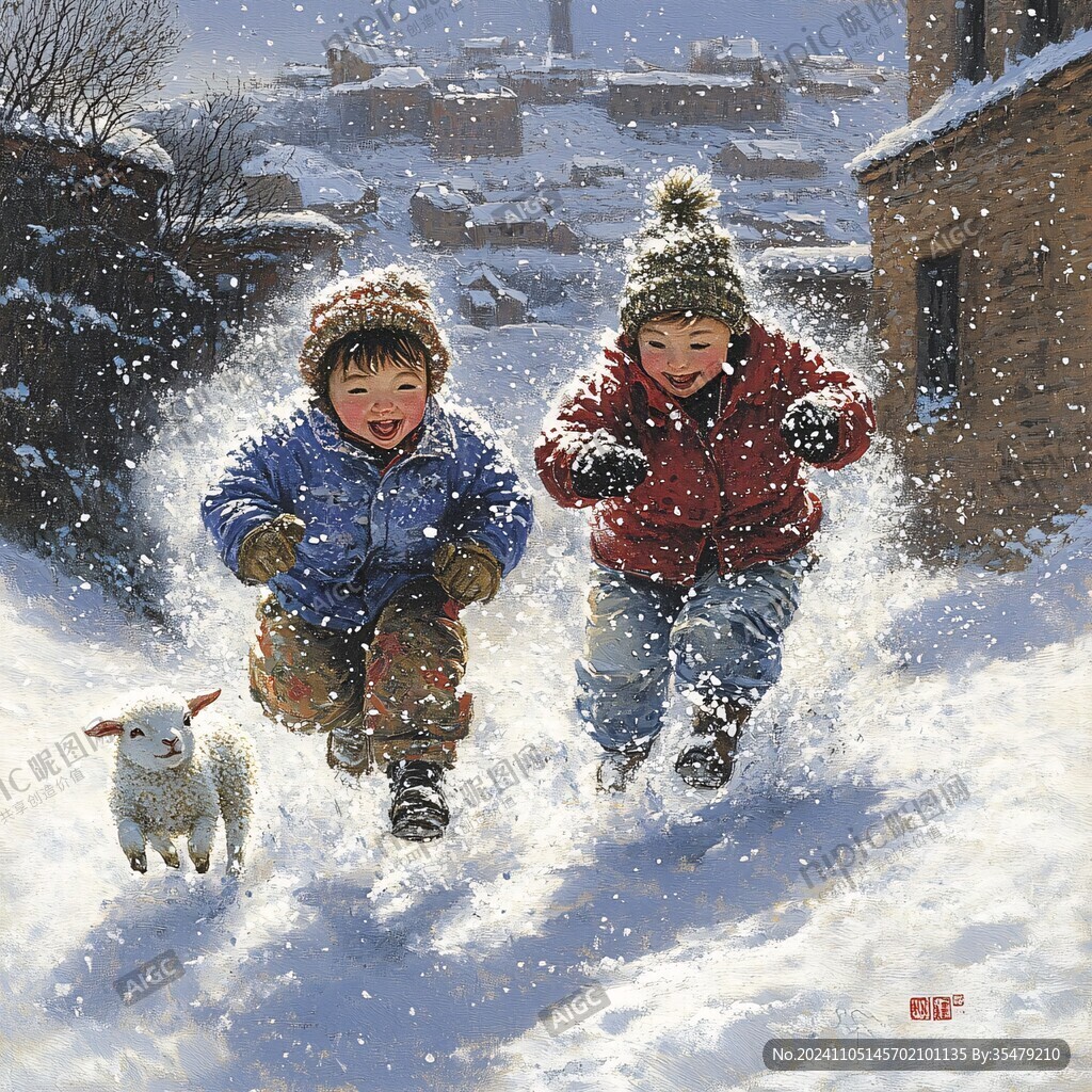 雪地里玩耍的小孩兒