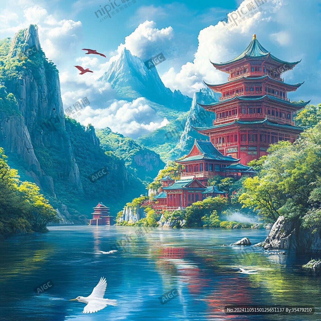 國潮建筑山水場景