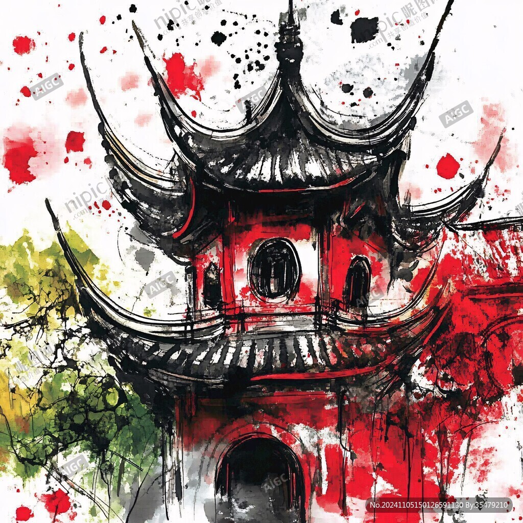 華僑禪風水彩建筑插畫