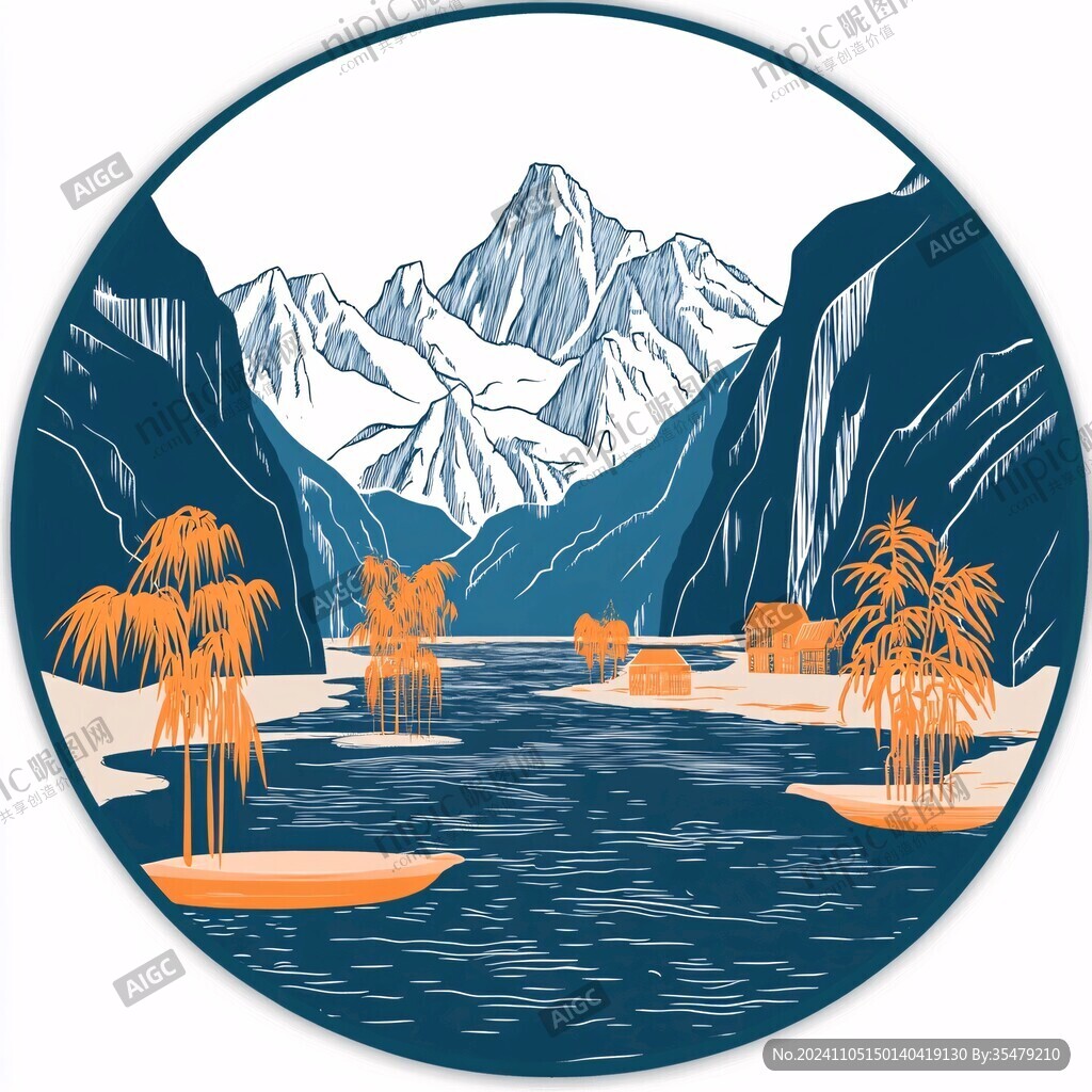 山水圓形插畫