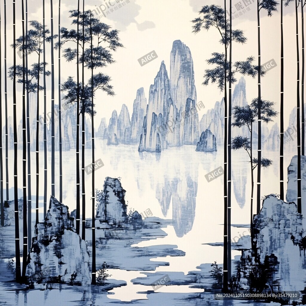 工筆山水玻璃畫