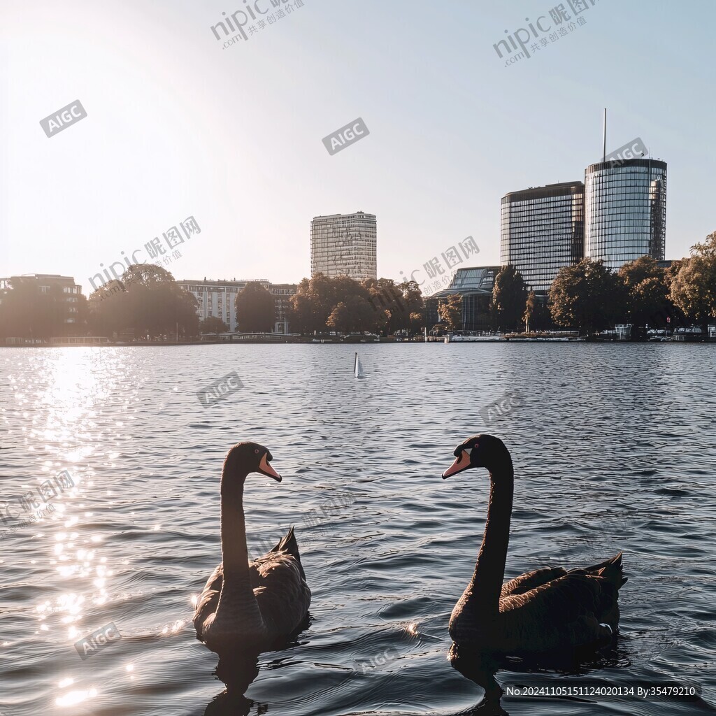 天鵝戲水傍晚湖景湖泊