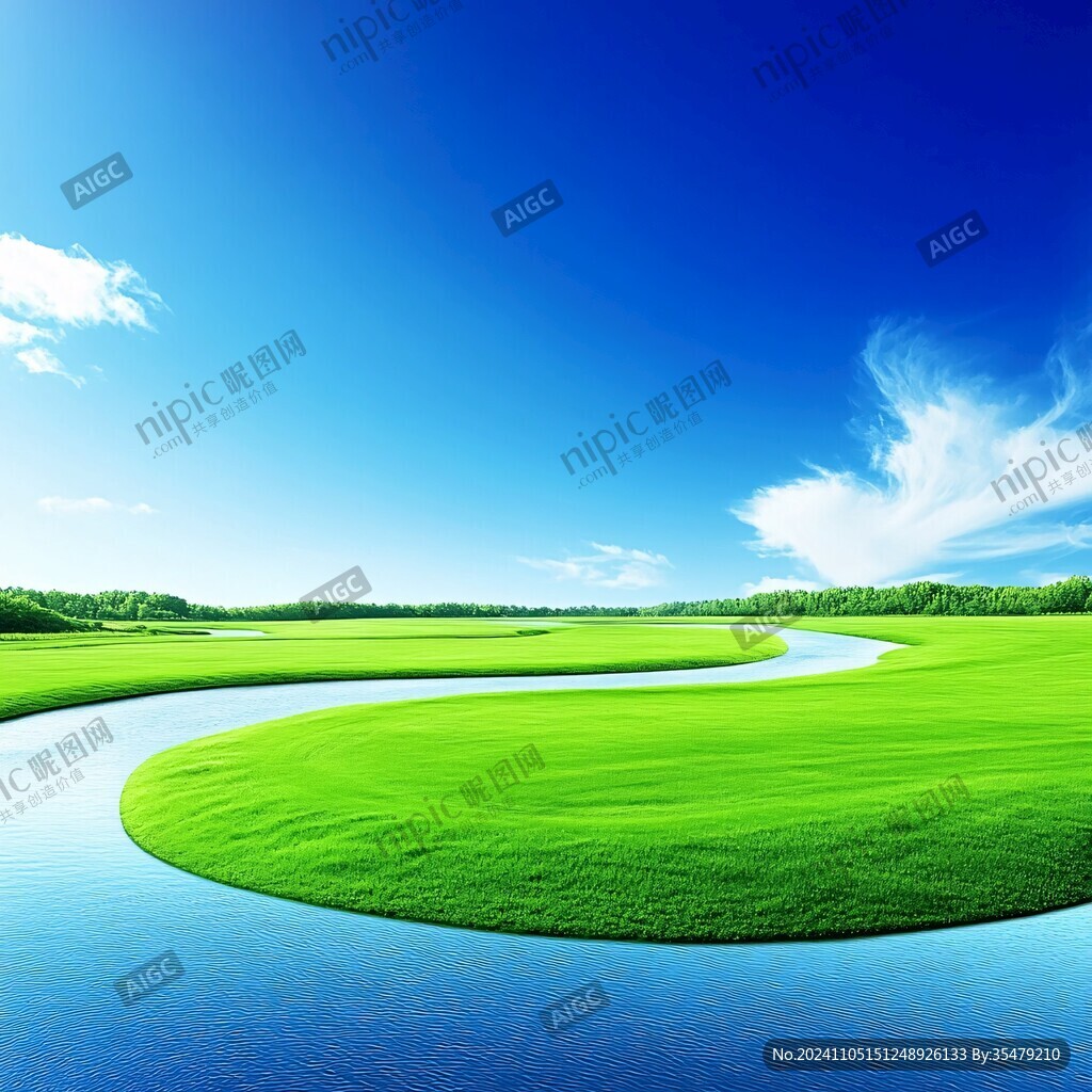 藍色河水綠草地