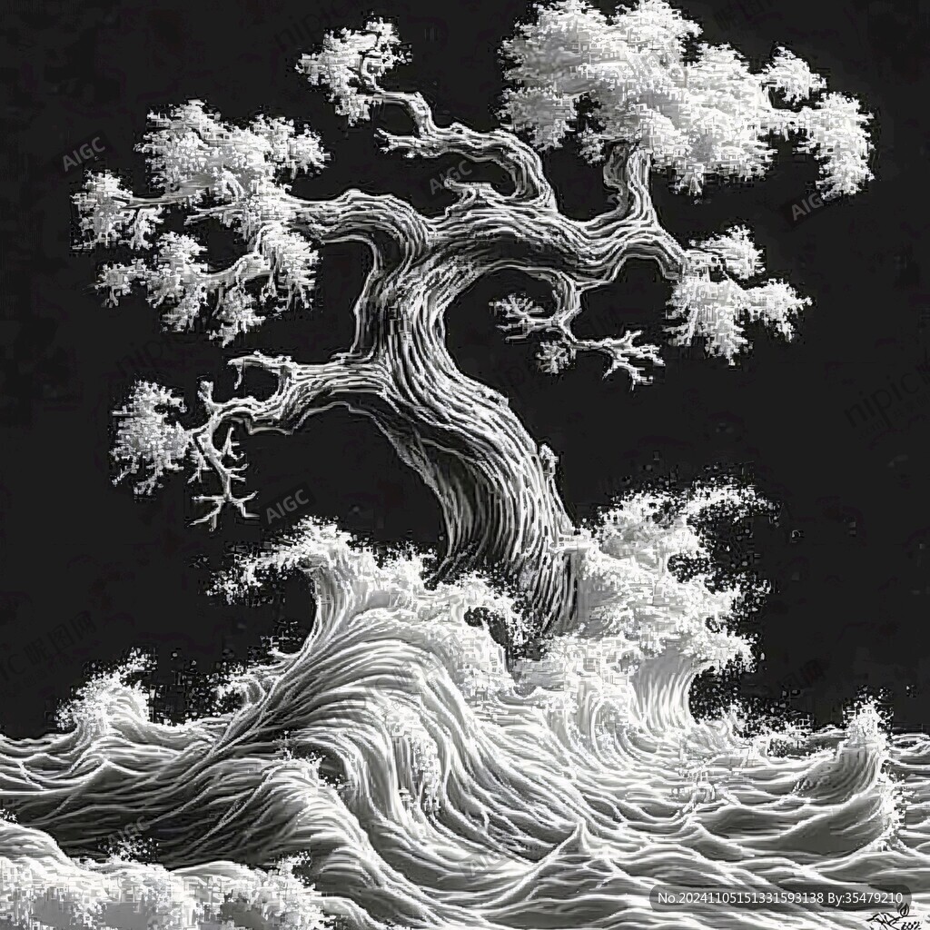 海浪仙鶴松樹