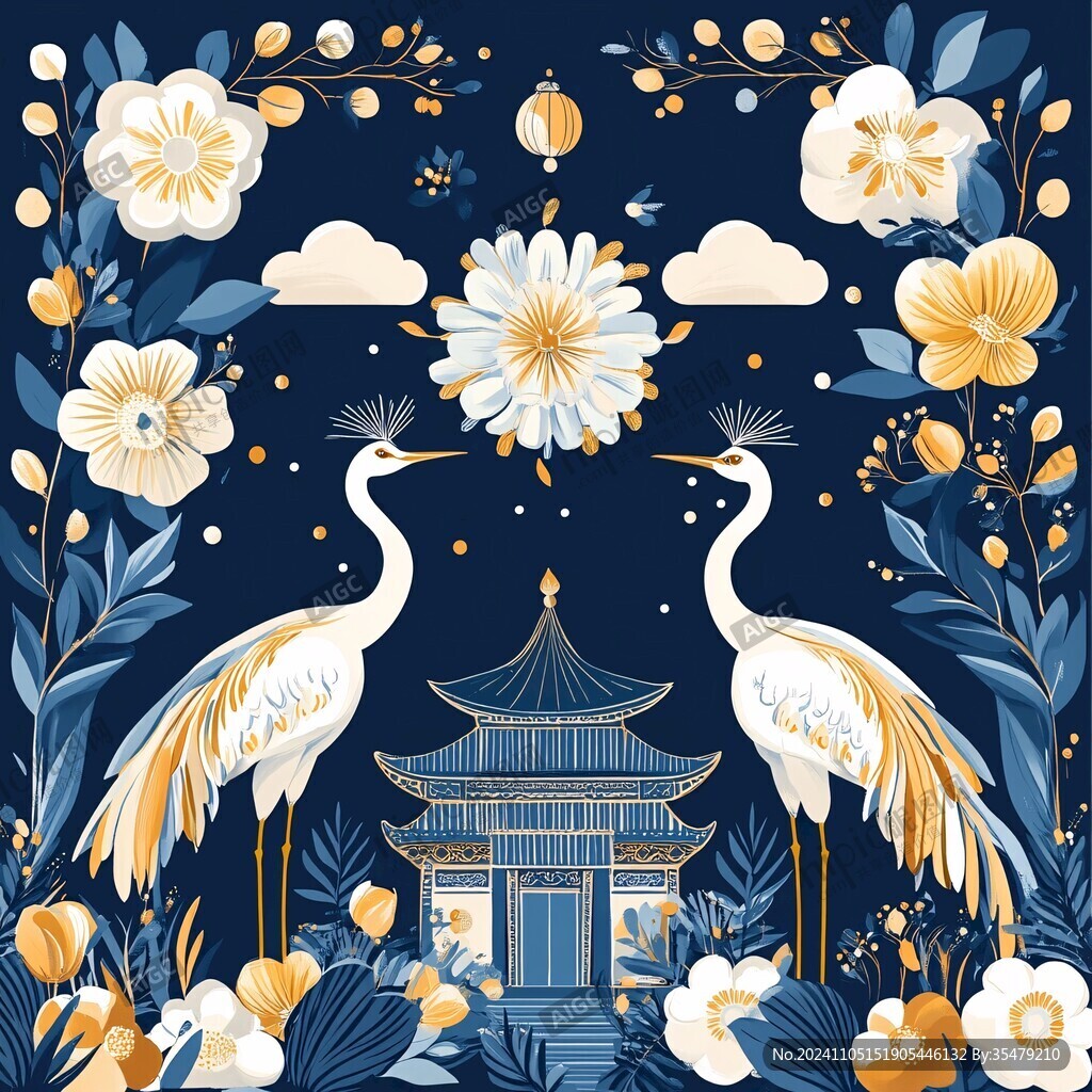 古建筑國(guó)潮花鳥插畫