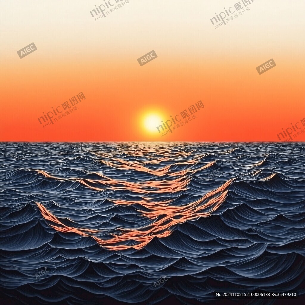 手繪海浪旭日東升