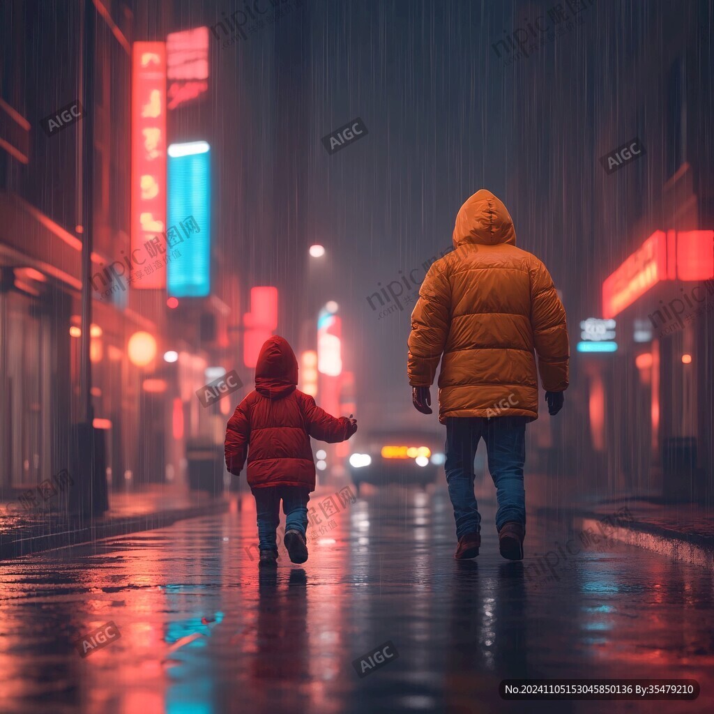 雨中行走的父子