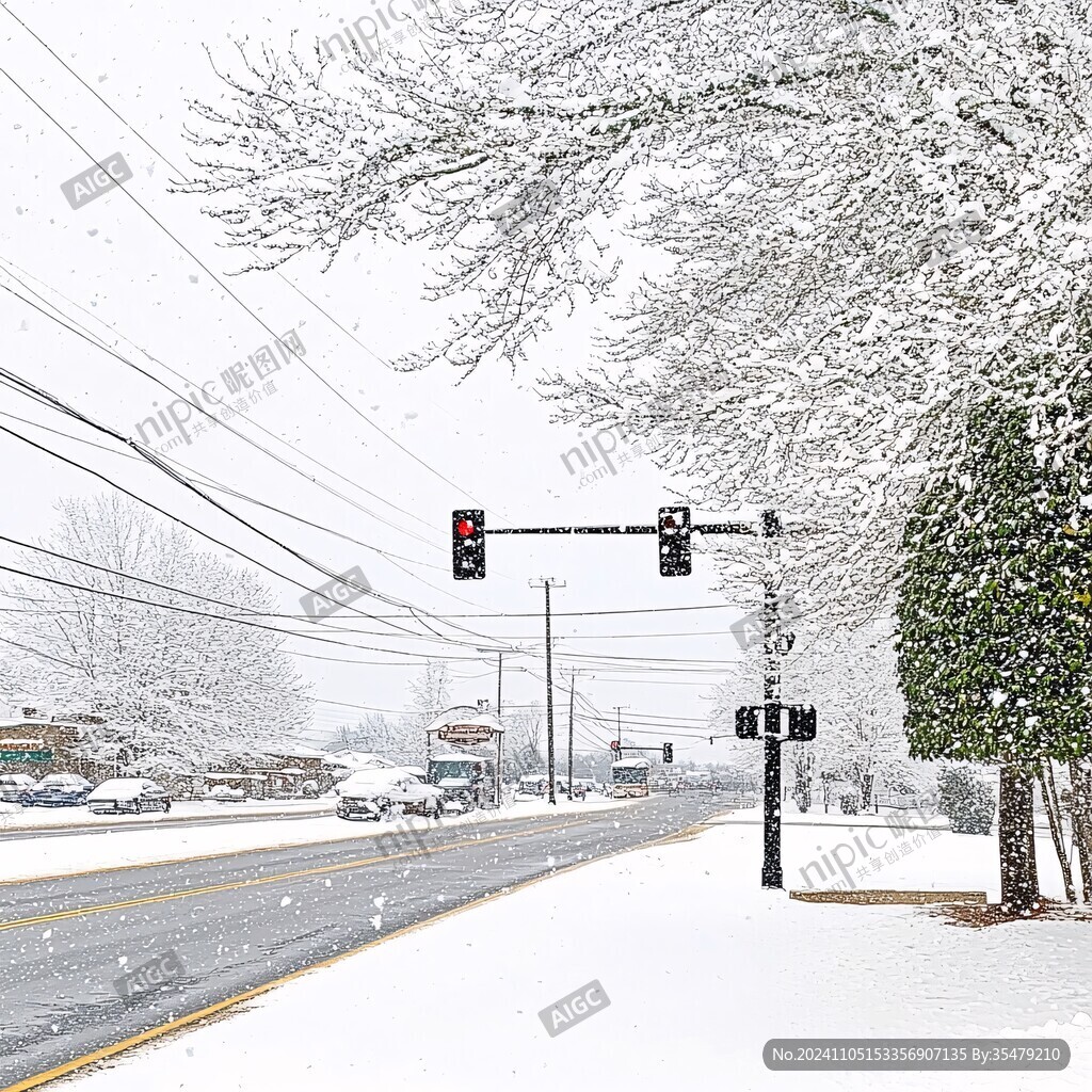 街道兩旁的樹木上覆蓋著積雪