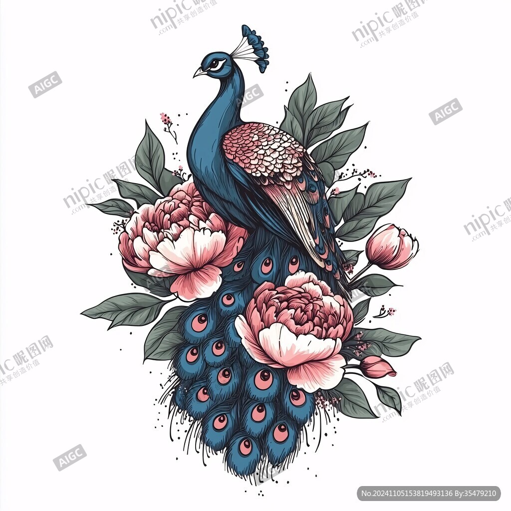 鮮花孔雀國潮插畫