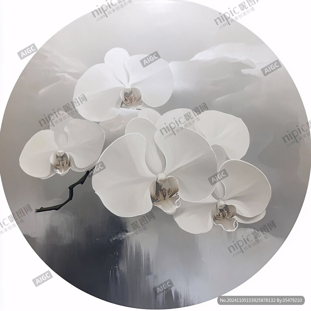 意境圓框幽蘭畫