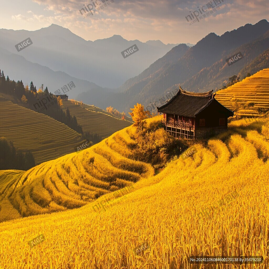 群山風(fēng)景金色稻田
