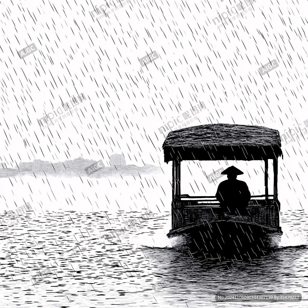 細雨菲菲下的坐船人