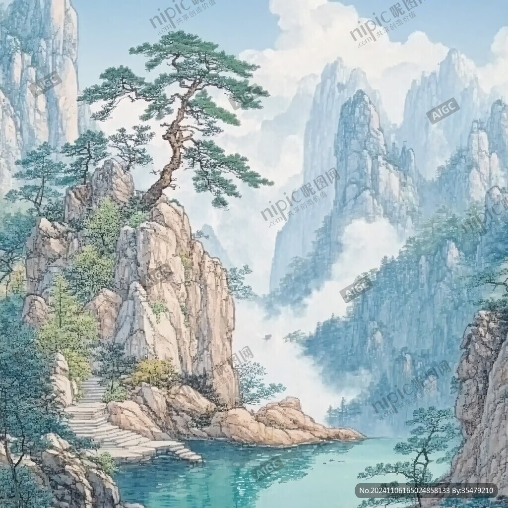 迎客松油畫