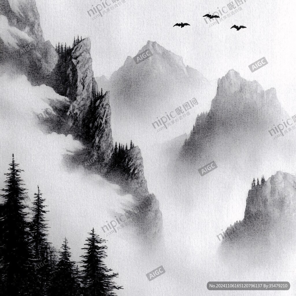 水墨屏禪意山峰云霧