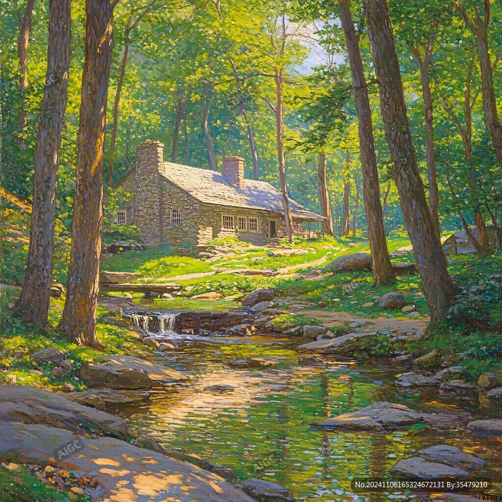 林中小屋油畫