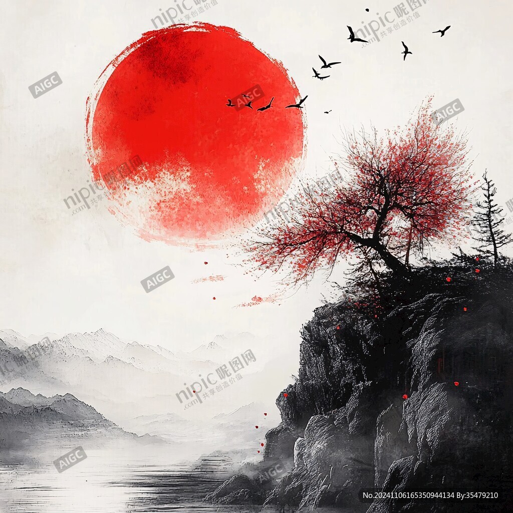 紅日水墨山水