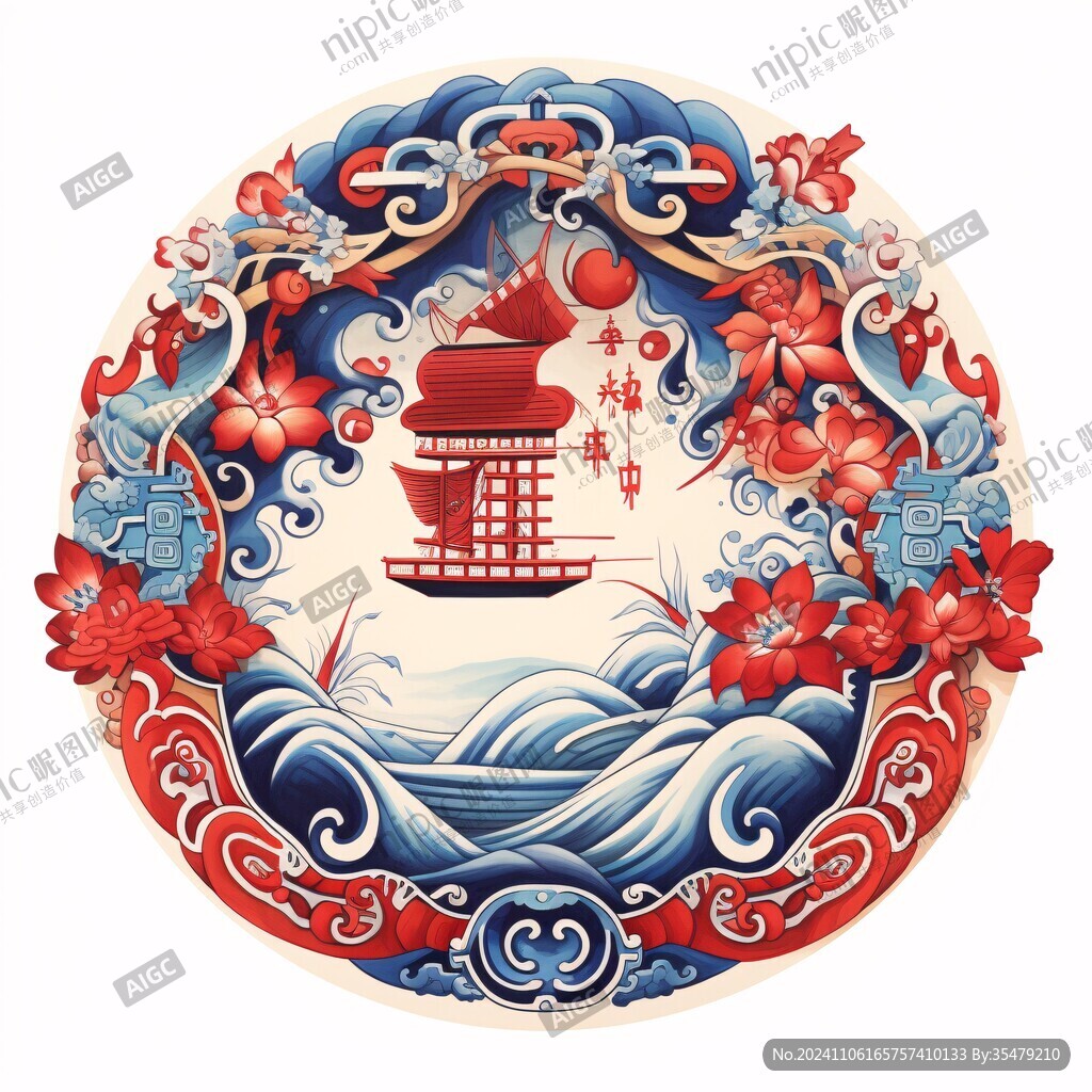 兔年財寶輪船海浪插畫