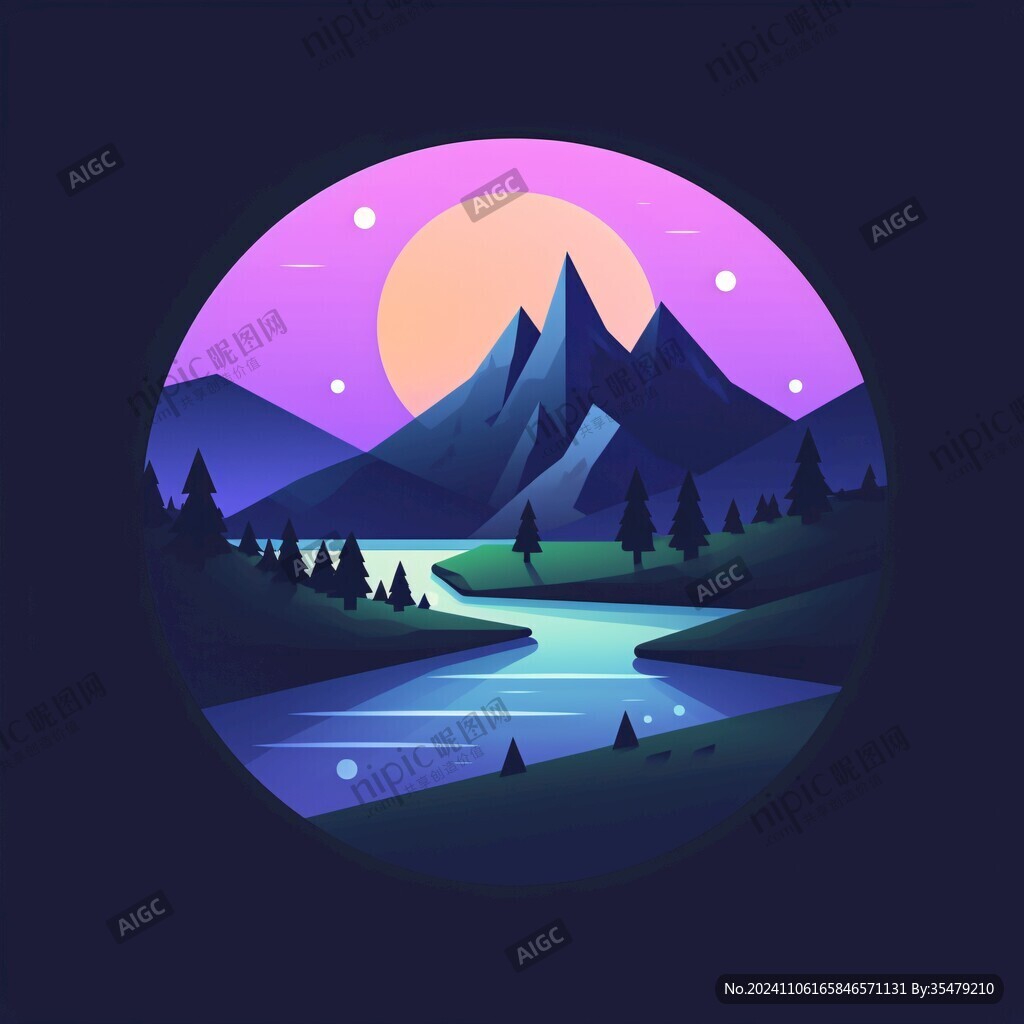 山水圓形插畫